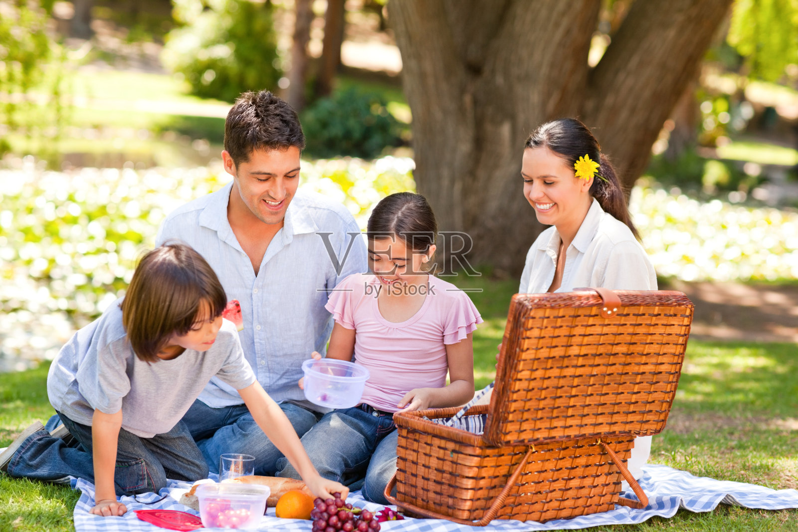 可爱的家庭野餐在公园照片摄影图片