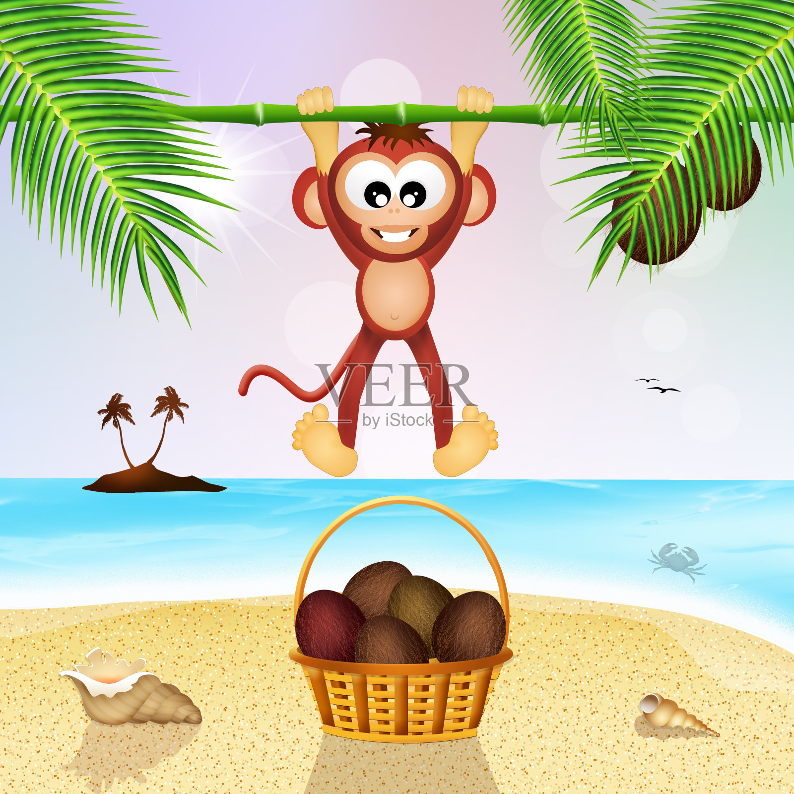 海滩上有猴子和椰子插画图片素材