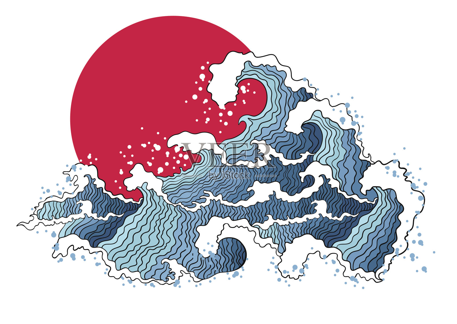 海浪和太阳的亚洲插图。插画图片素材