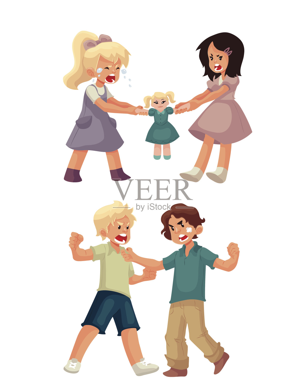 Boys Fighting. School Bully Angry Kids Punishing In Playground Vector Cartoon Characters Set ...