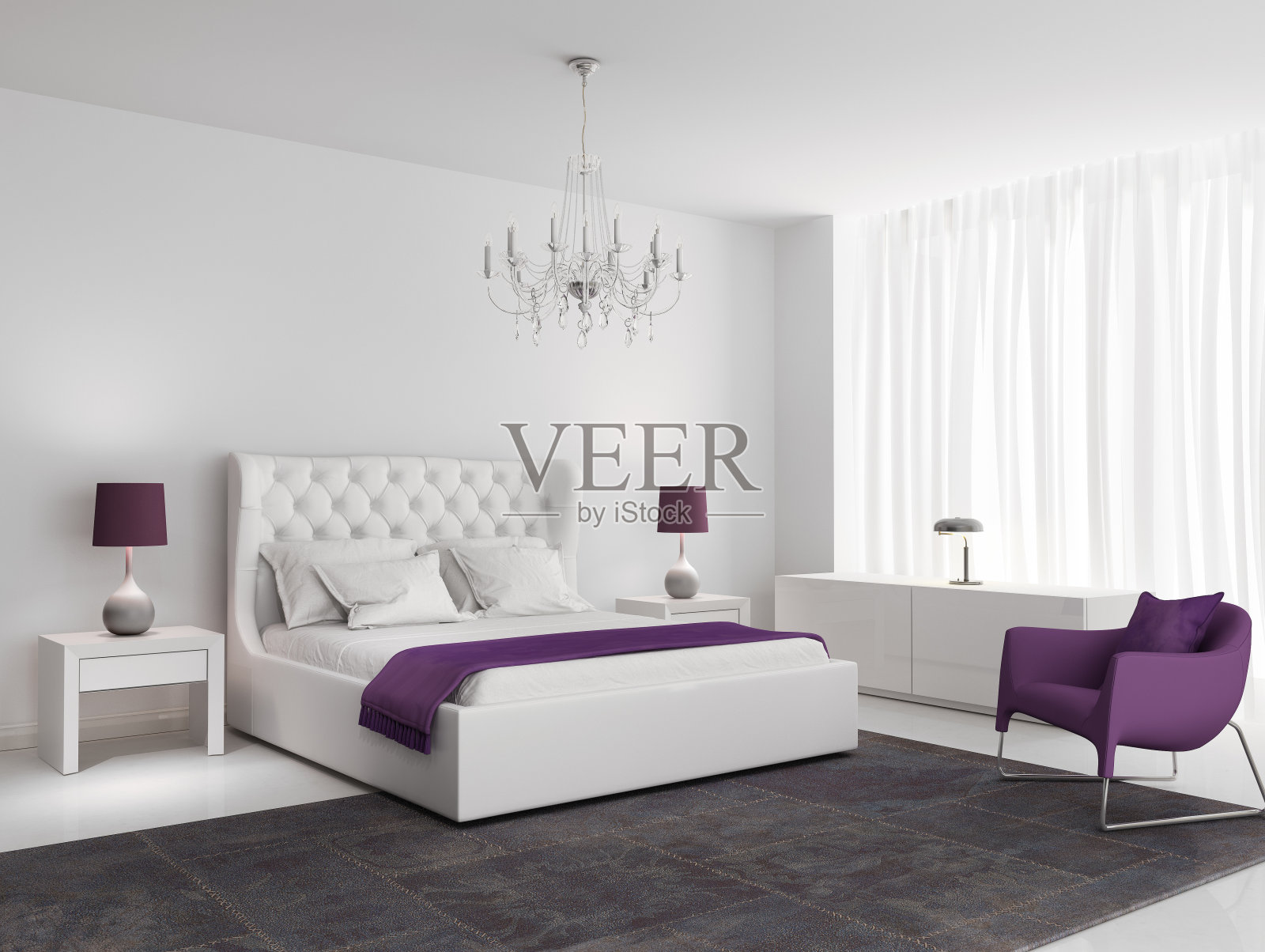 白色豪华卧室，紫色扶手椅照片摄影图片