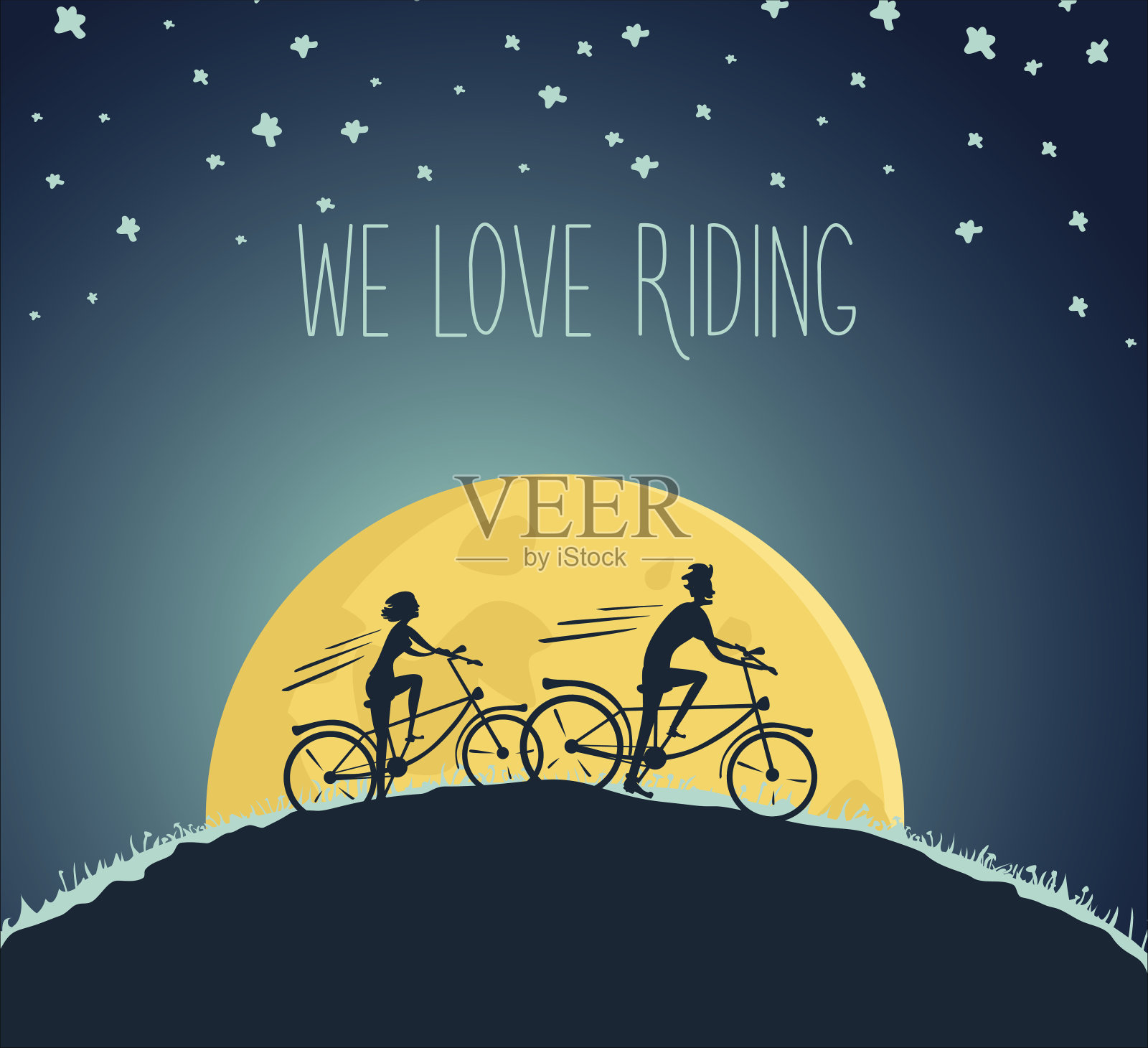 晚上骑自行车插画图片素材