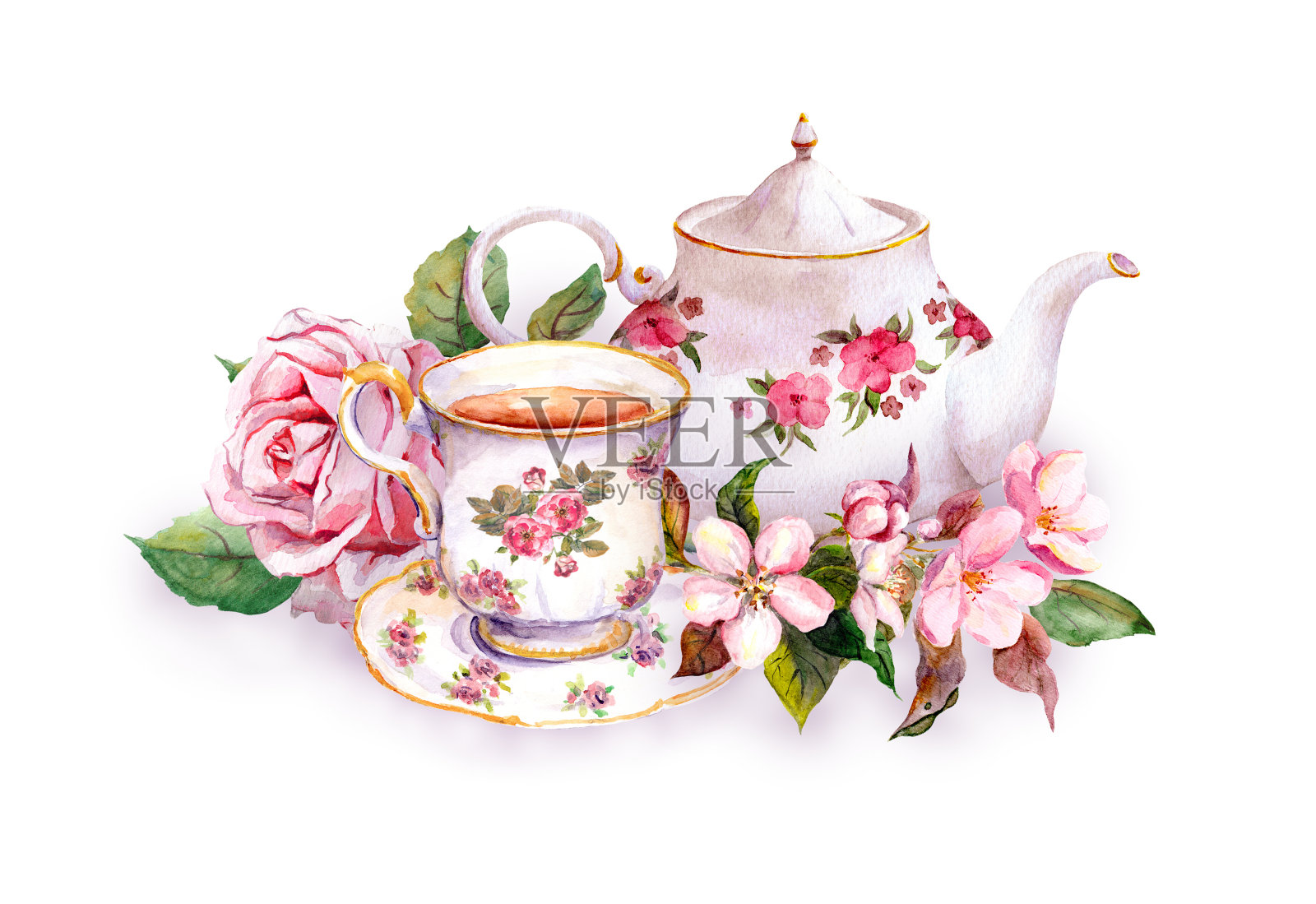 茶杯，茶壶，粉红色的花——玫瑰和樱花插画图片素材