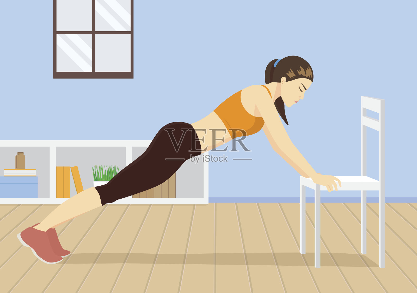 忙碌的女人在家里用白色的椅子锻炼。插画图片素材