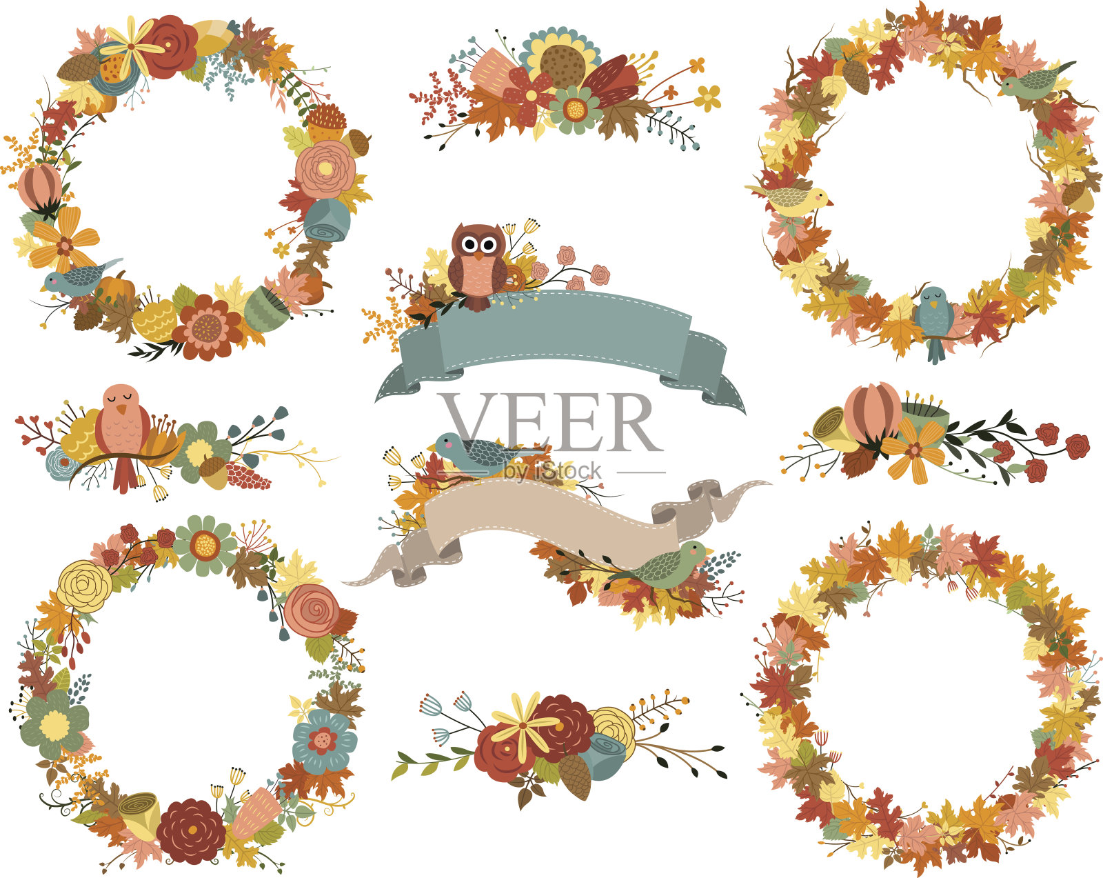 秋季花卉设计元素和花环向量插画图片素材