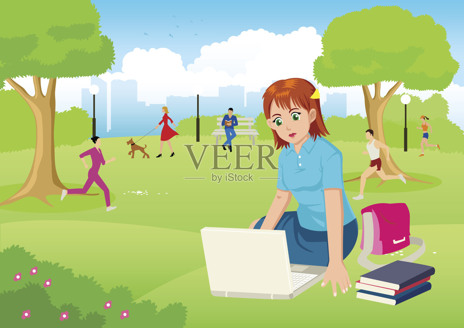 在城市公园里用手提电脑工作的女孩插画图片素材