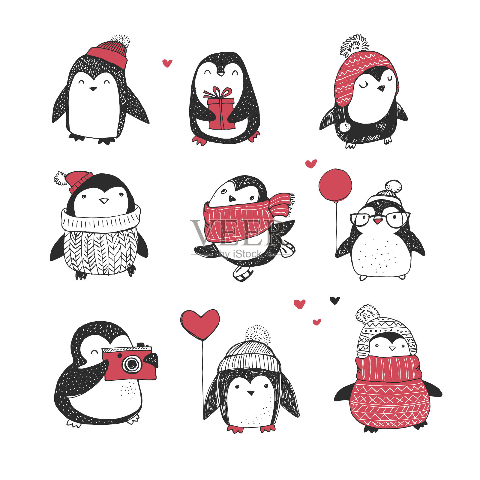 可爱的手绘企鹅集-圣诞祝福设计元素图片