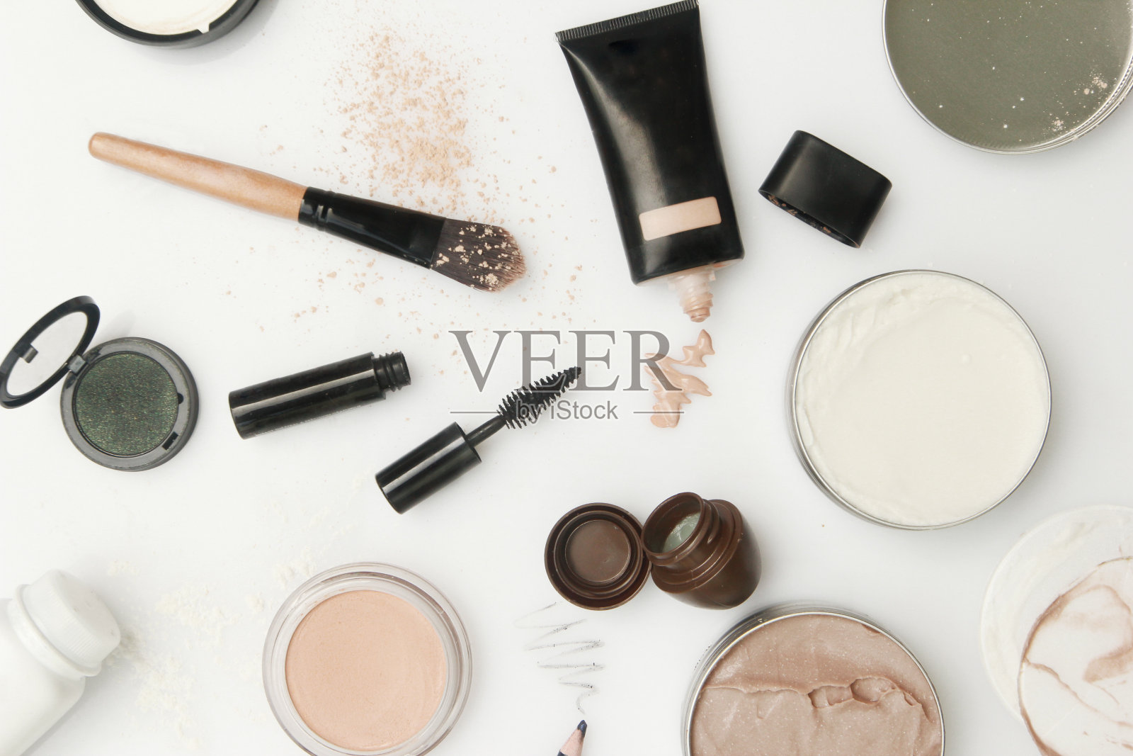 俯视图不同的化妆品产品照片摄影图片