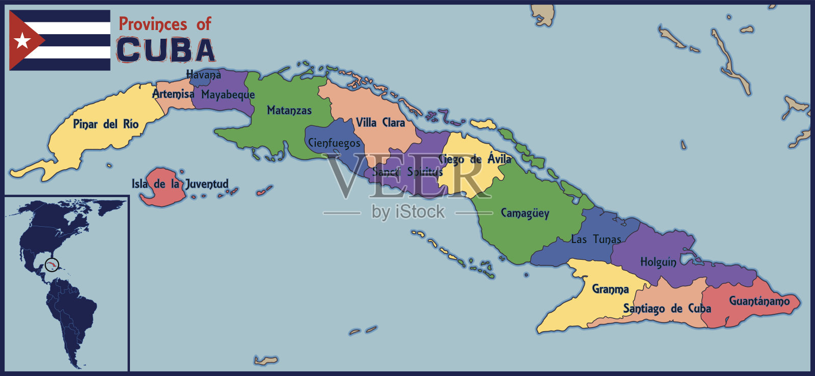 古巴的位置，地图和旗帜插画图片素材