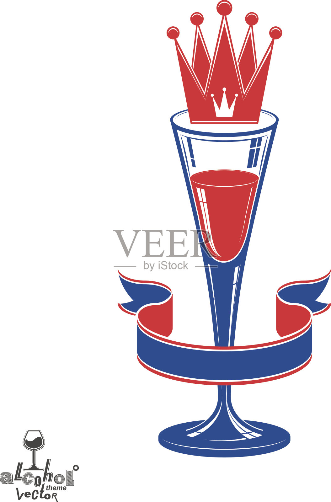 逼真的3d豪华酒杯与国王皇冠，酒精主题插画图片素材