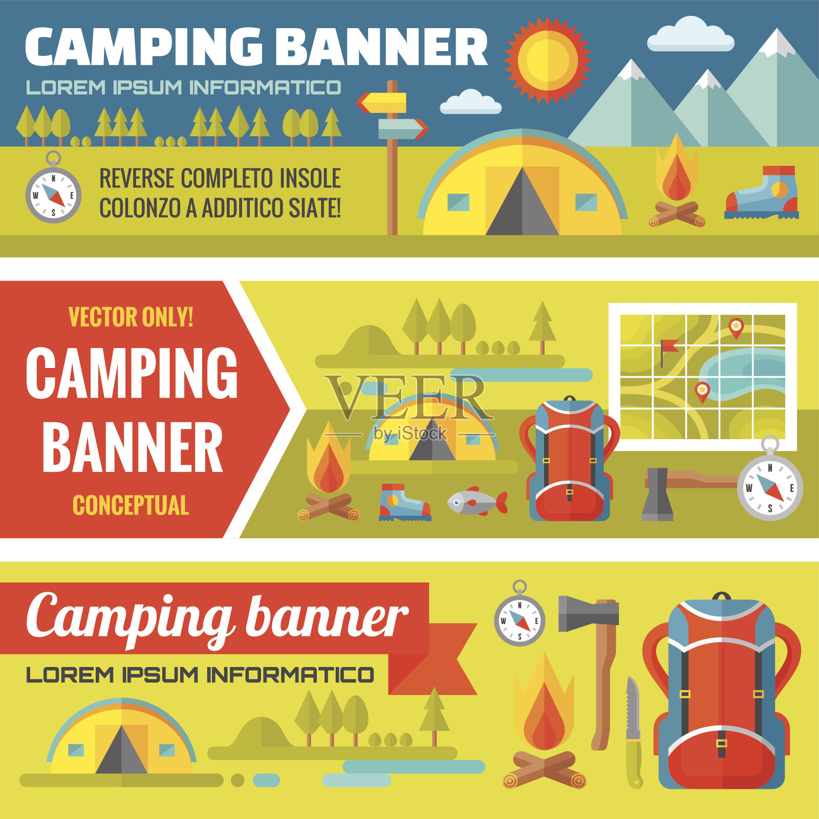 夏季露营-登山探险-旗帜设置设计模板素材