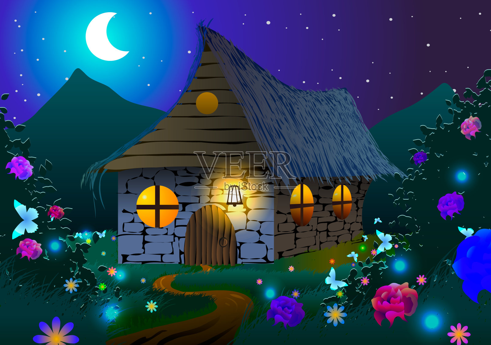 草地上的童话小屋插画图片素材
