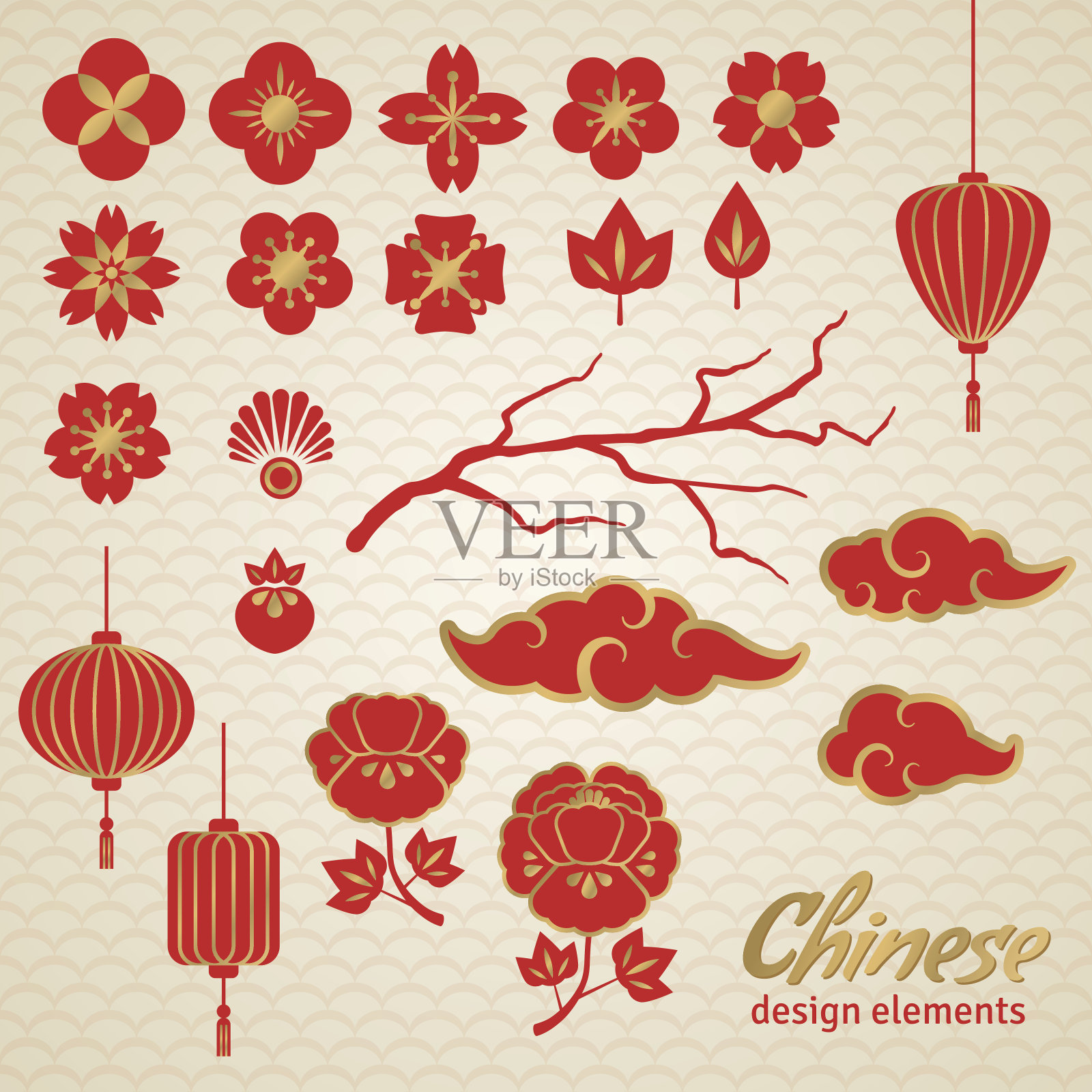 中国装饰图标，云，花和中国灯。设计模板素材