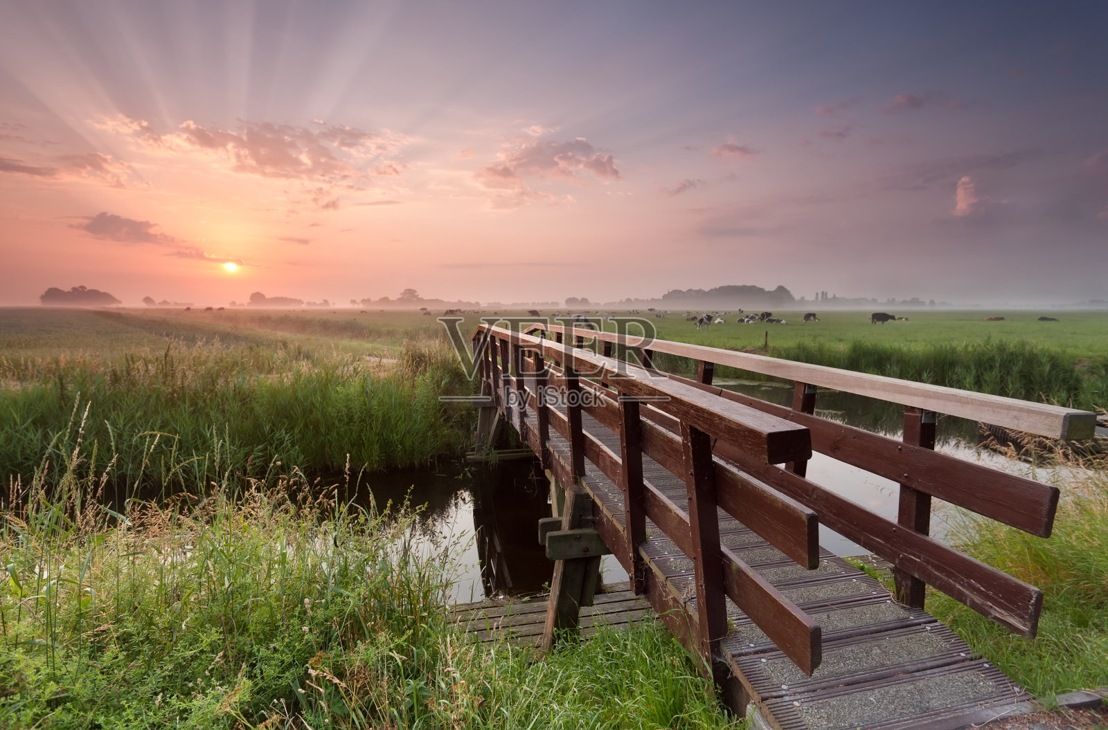 日出时在河上的自行车桥照片摄影图片