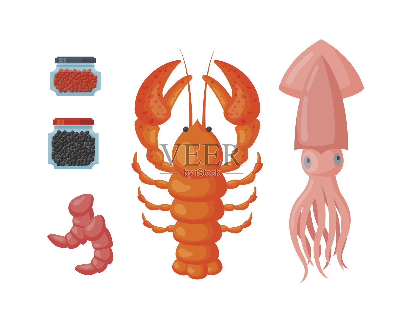 龙虾和鱿鱼矢量平面插图插画图片素材