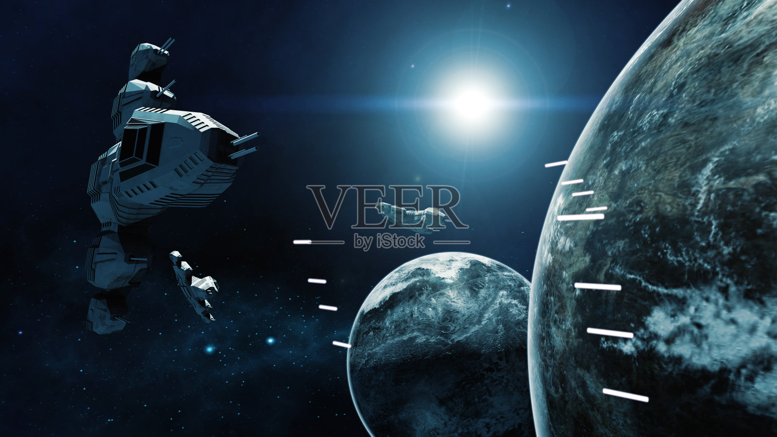 宇宙飞船在战斗中的3D渲染宇宙场景插画图片素材