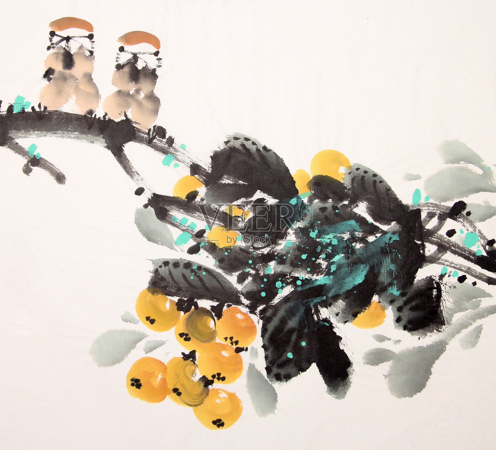 中国水墨画鸟和植物插画图片素材