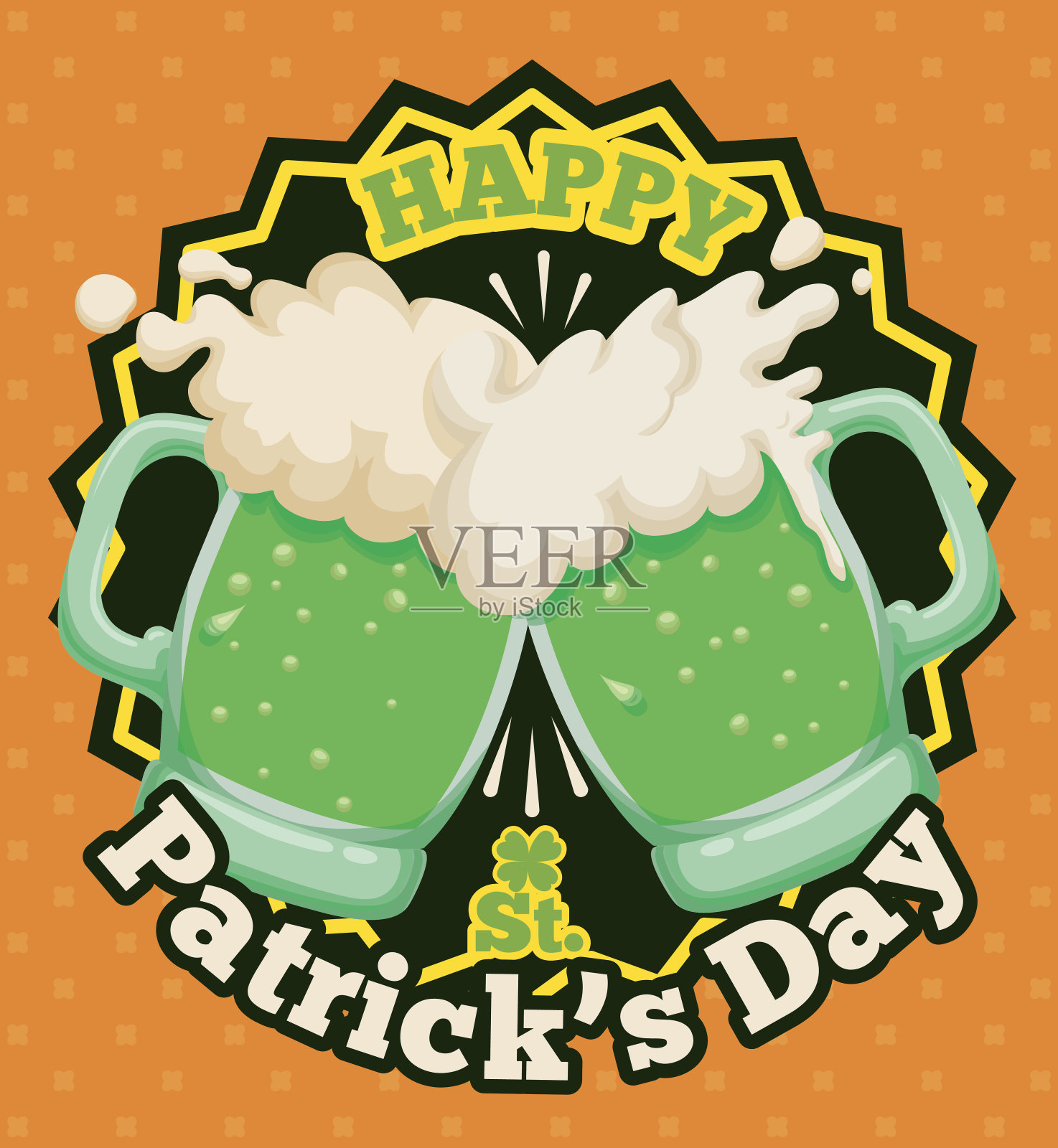 两杯泡沫啤酒为帕特里克节海报祝酒插画图片素材