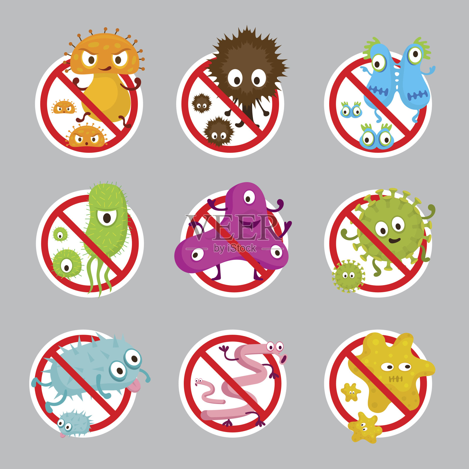 可爱的细菌字符禁止标志插画图片素材