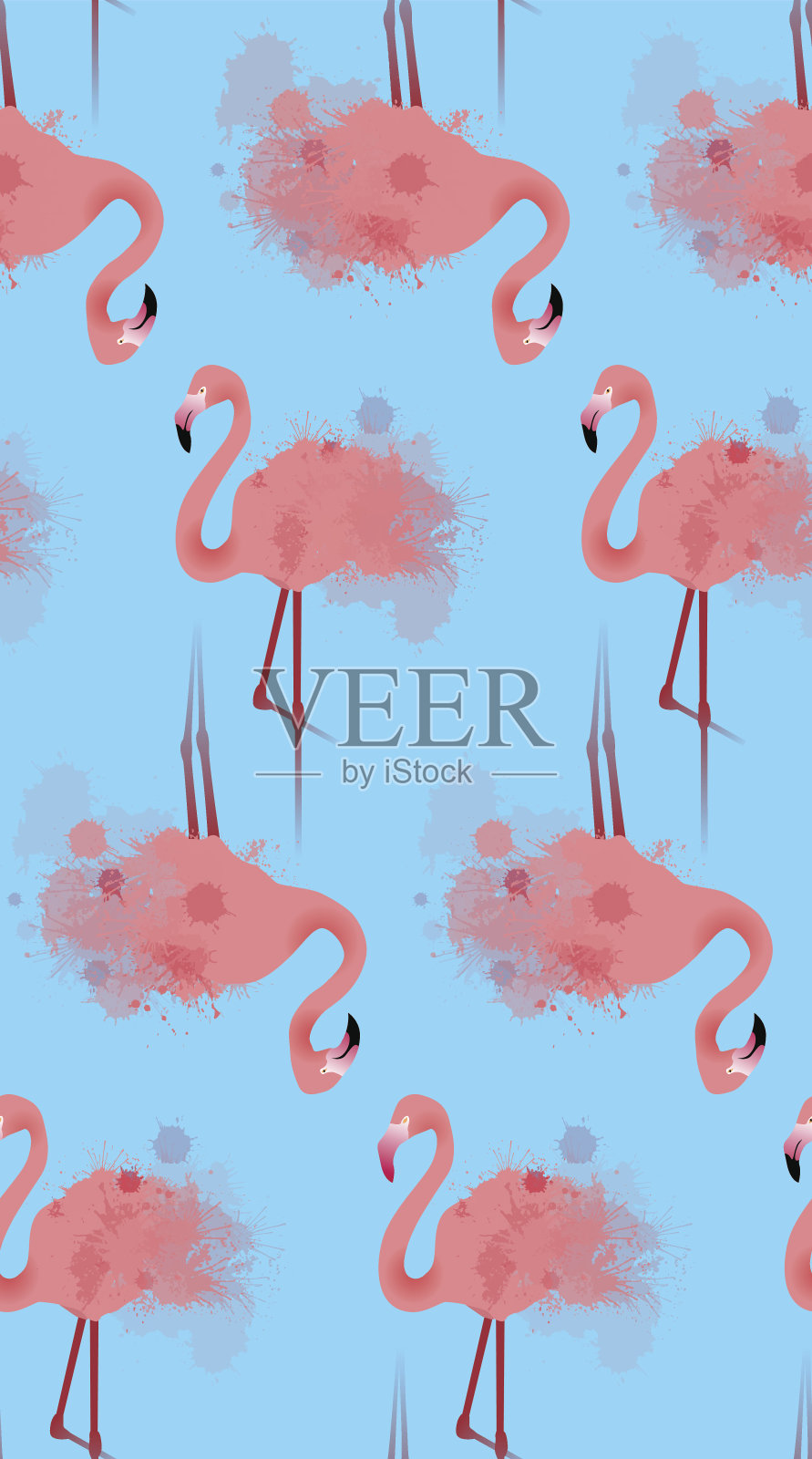 无缝纹理的粉红色火烈鸟与水彩飞溅在蓝色的背景。插画图片素材