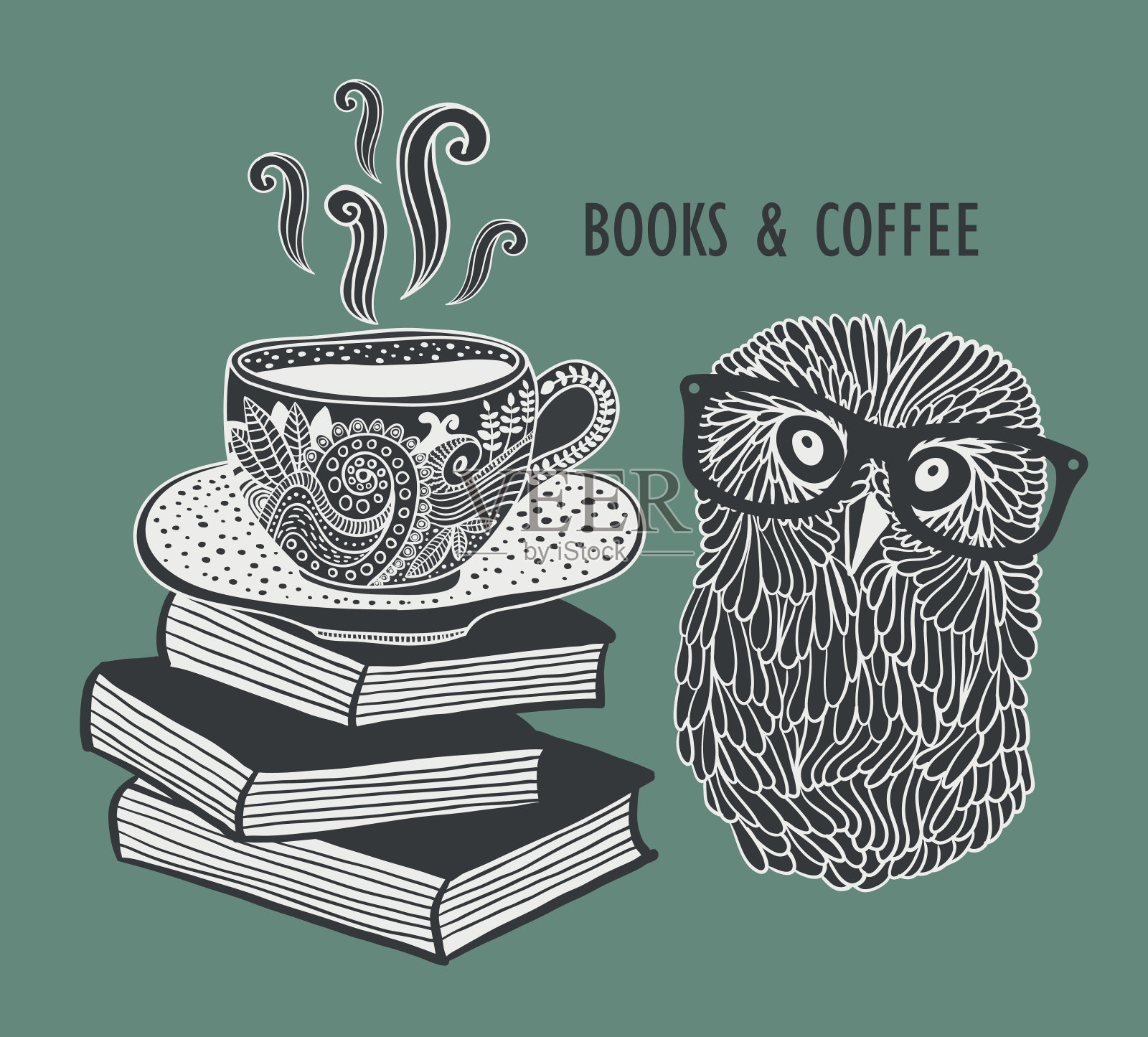 咖啡和书，可爱的猫头鹰戴着眼镜。插画图片素材