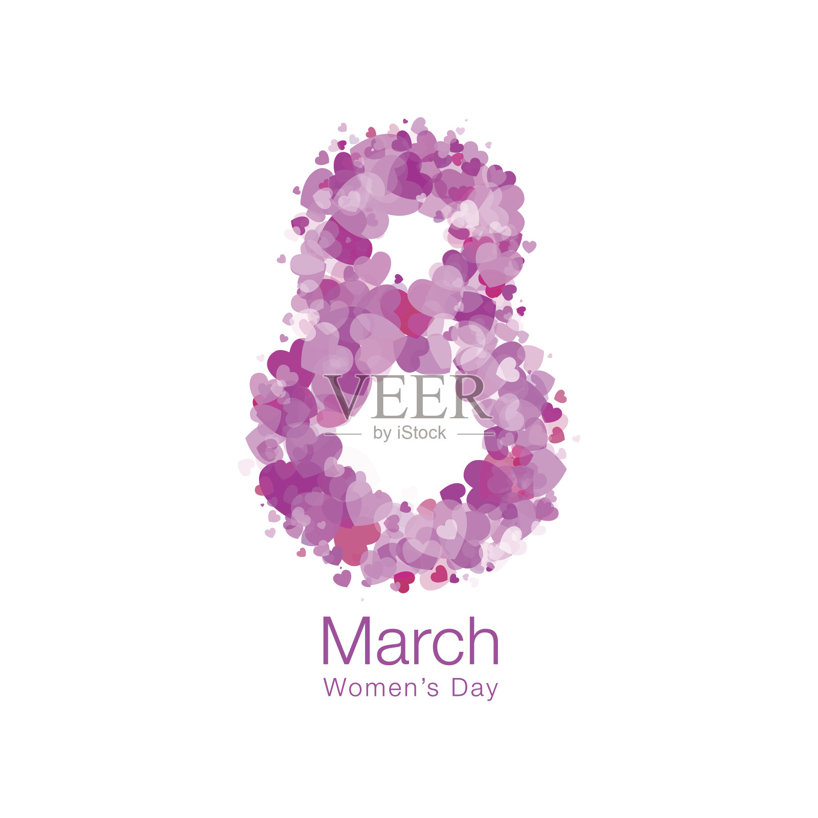 3月8日-妇女节贺卡灯模板设计。白色背景上孤立的亮红紫粉心形象征着国际妇女节。矢量插图。设计模板素材