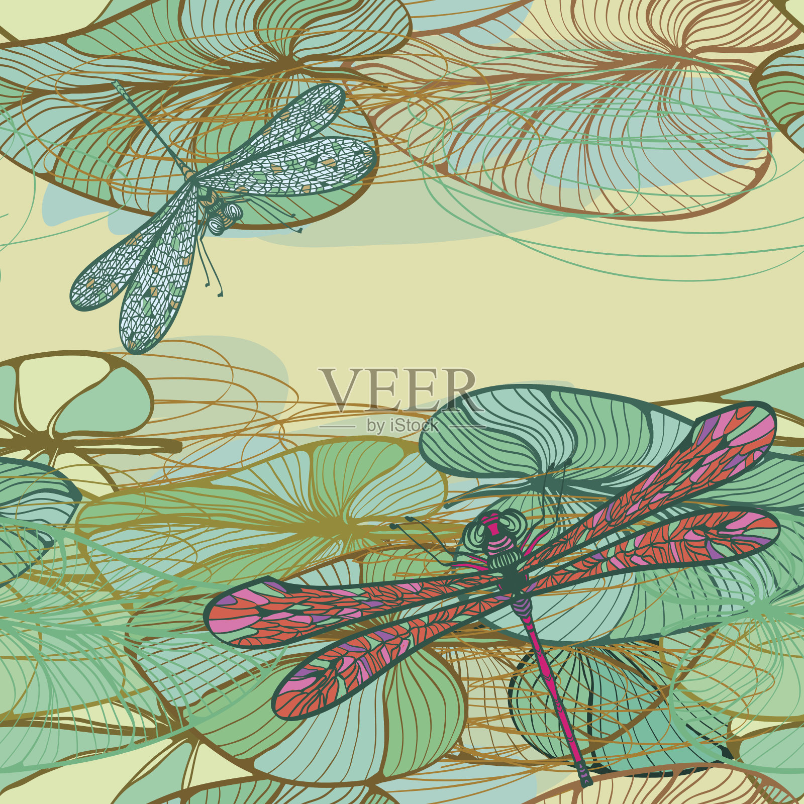 荷叶和蜻蜓的无缝图案插画图片素材