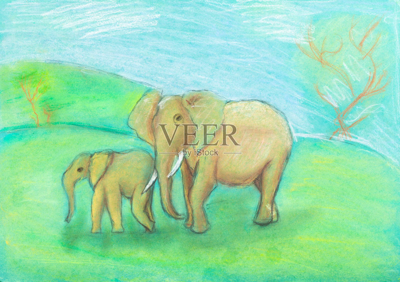 孩子们画-大象和婴儿大草原插画图片素材