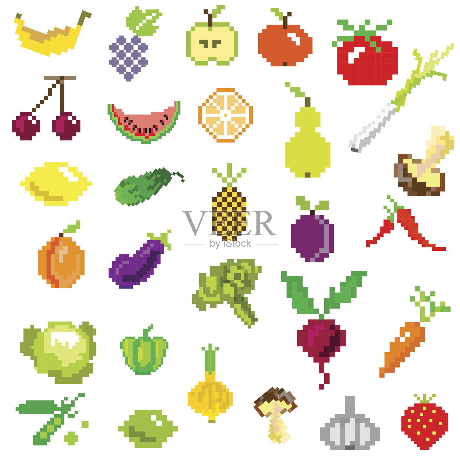 像素艺术水果和蔬菜上的白色插画图片素材