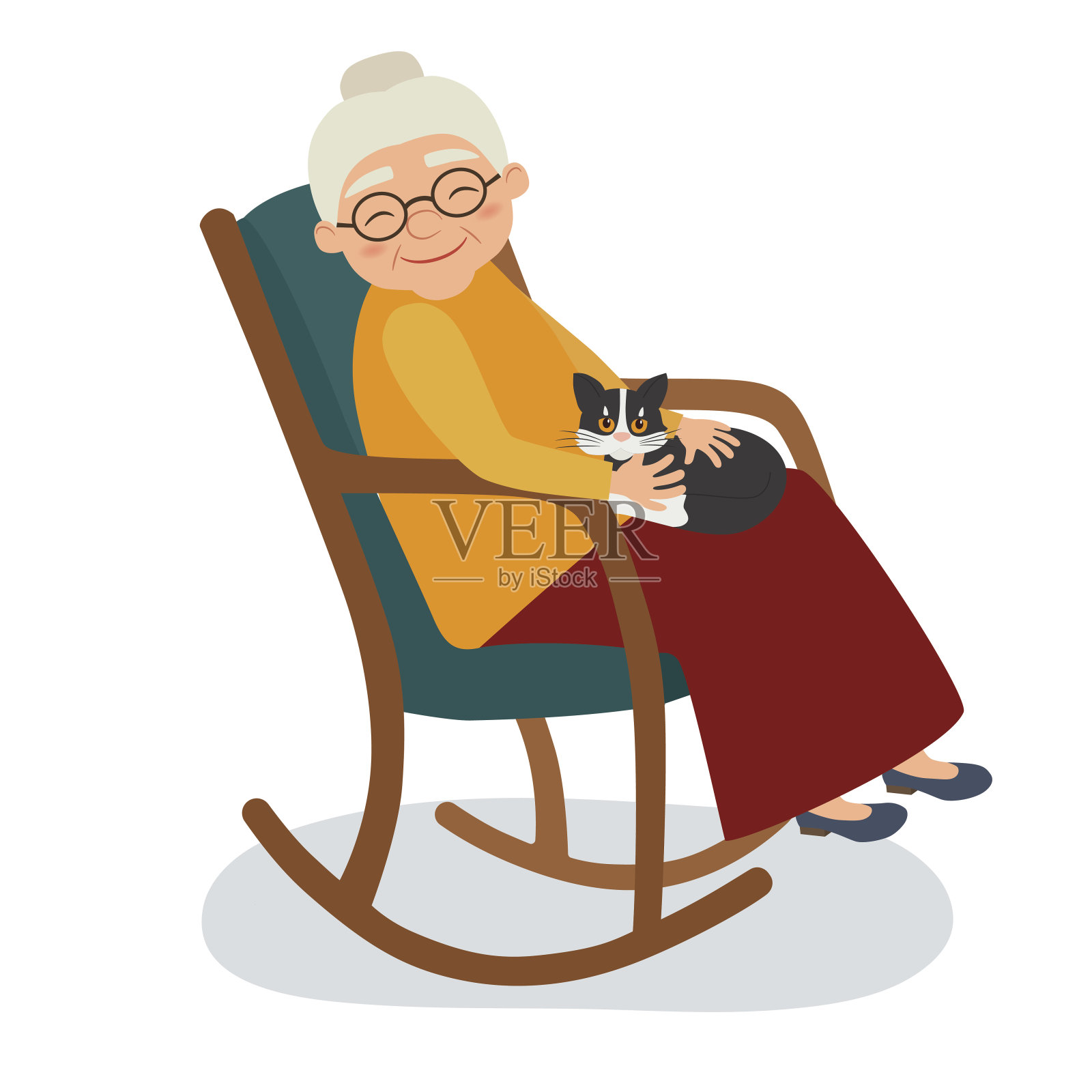 有只猫坐在摇椅里的老妇人插画图片素材