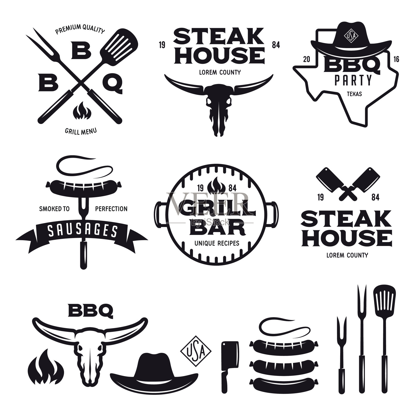 全套烧烤牛排屋烧烤吧标签，徽章，标志插画图片素材