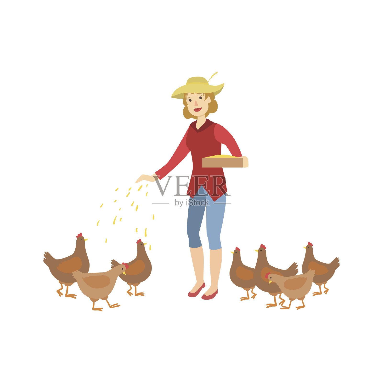 乡村农家女孩日常喂鸡插画图片-千库网