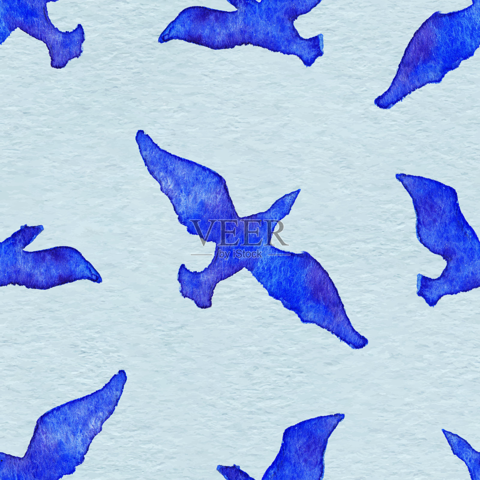 水彩飞鸟动物蓝色无缝图案插画图片素材