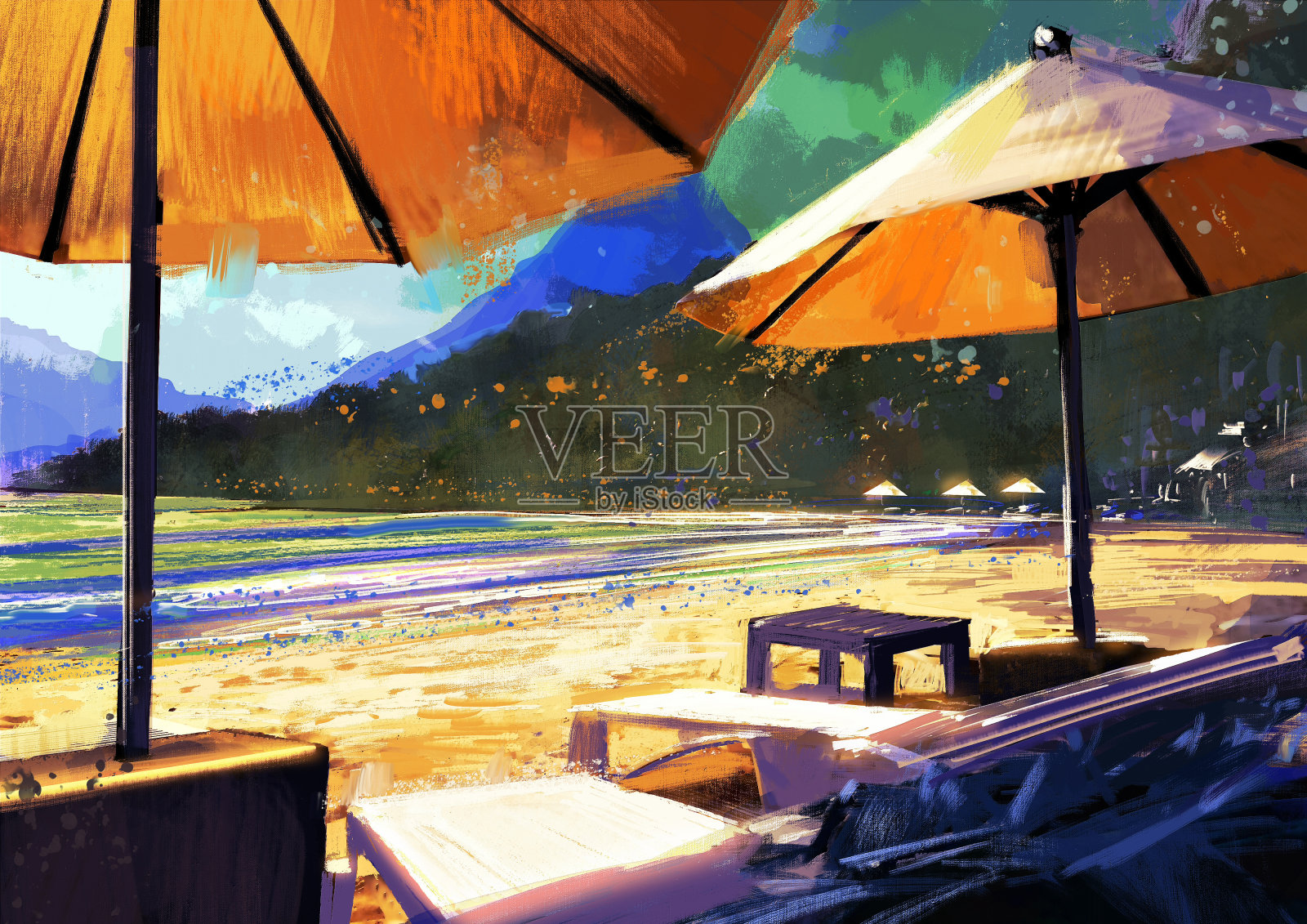 沙滩上的遮阳伞和躺椅插画图片素材