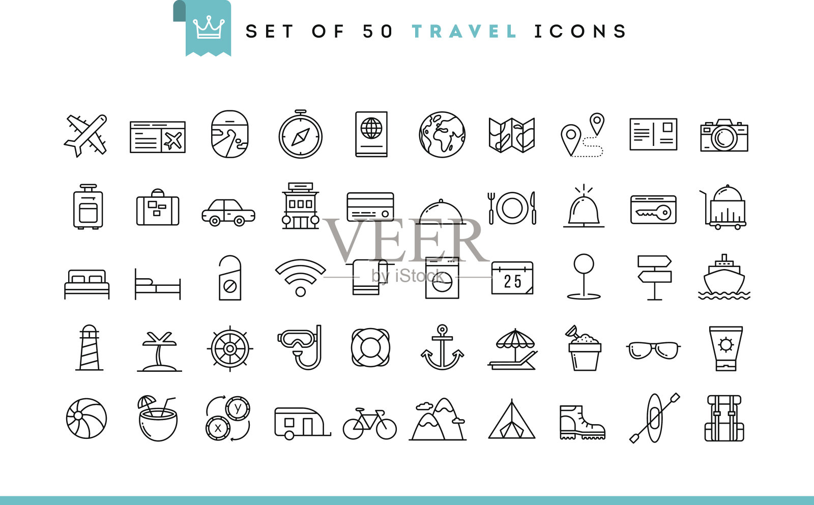 一套50个旅游图标，细线风格图标素材