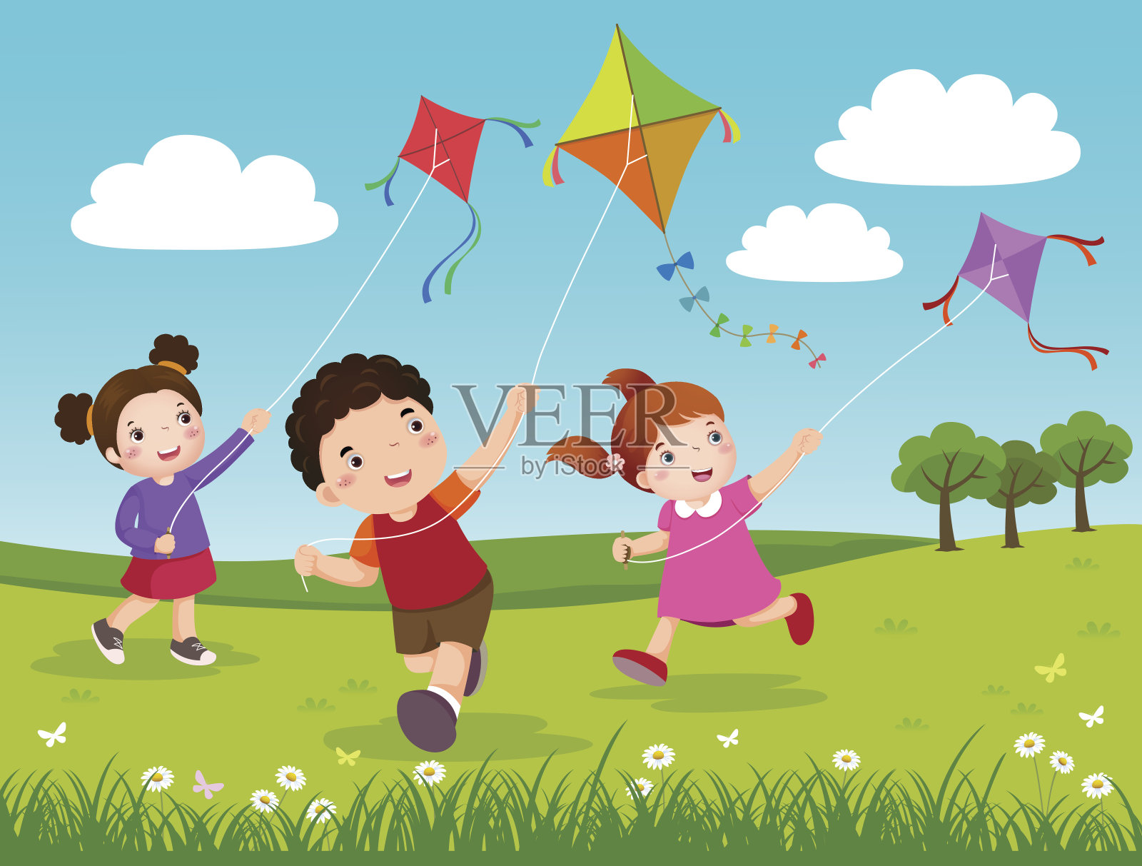 三个孩子在公园里放风筝插画图片素材