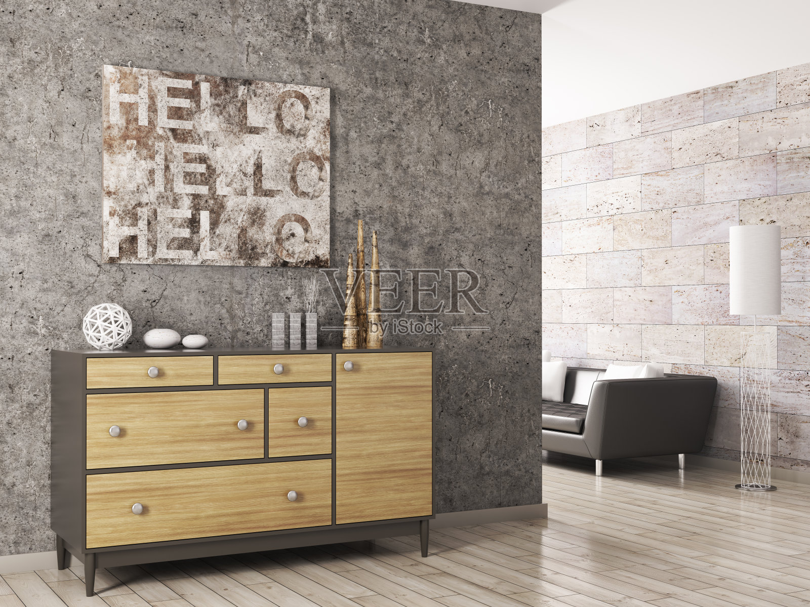 木质橱柜靠混凝土墙3d渲染照片摄影图片