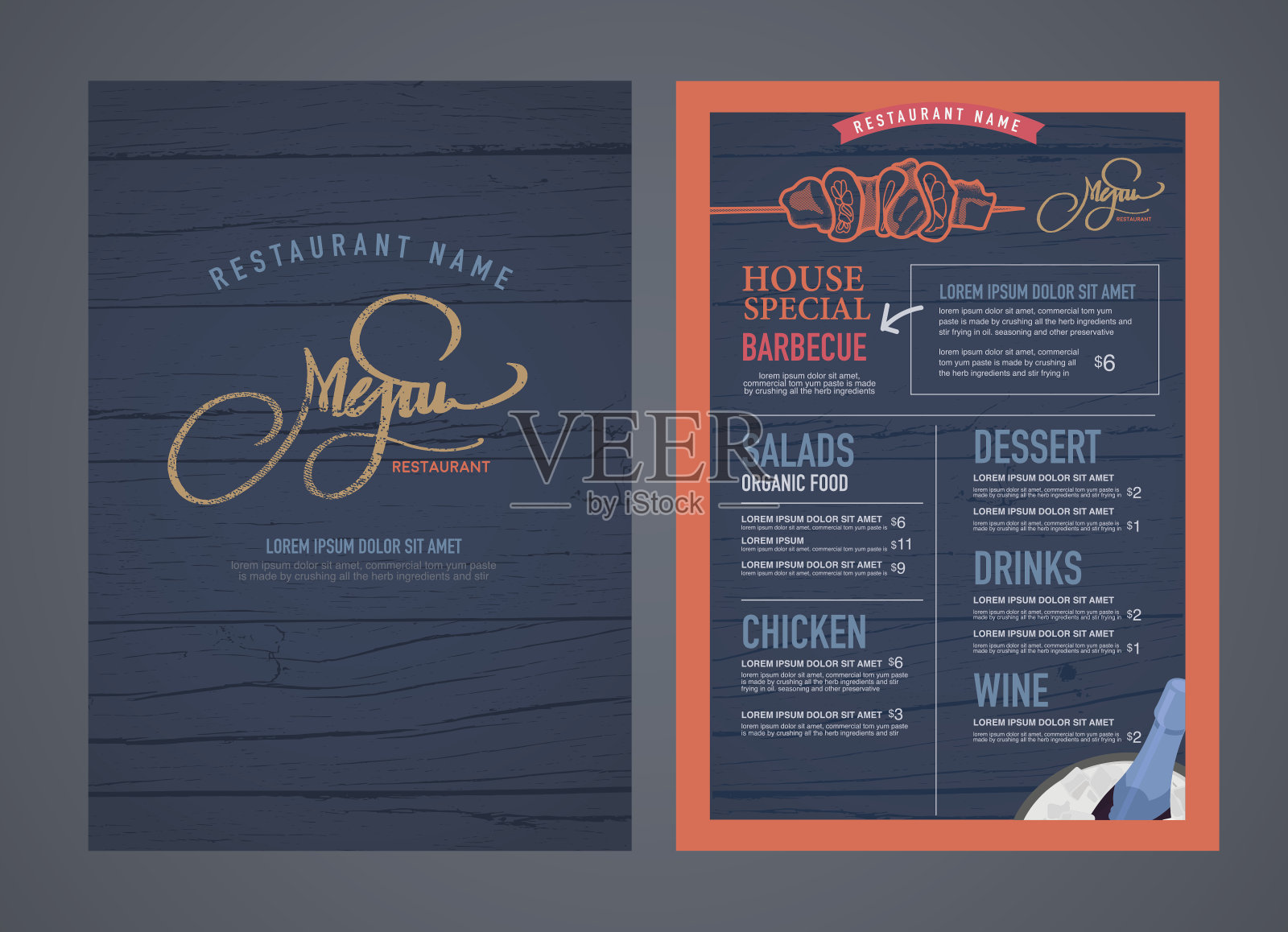 复古餐厅菜单设计和木纹背景。设计模板素材