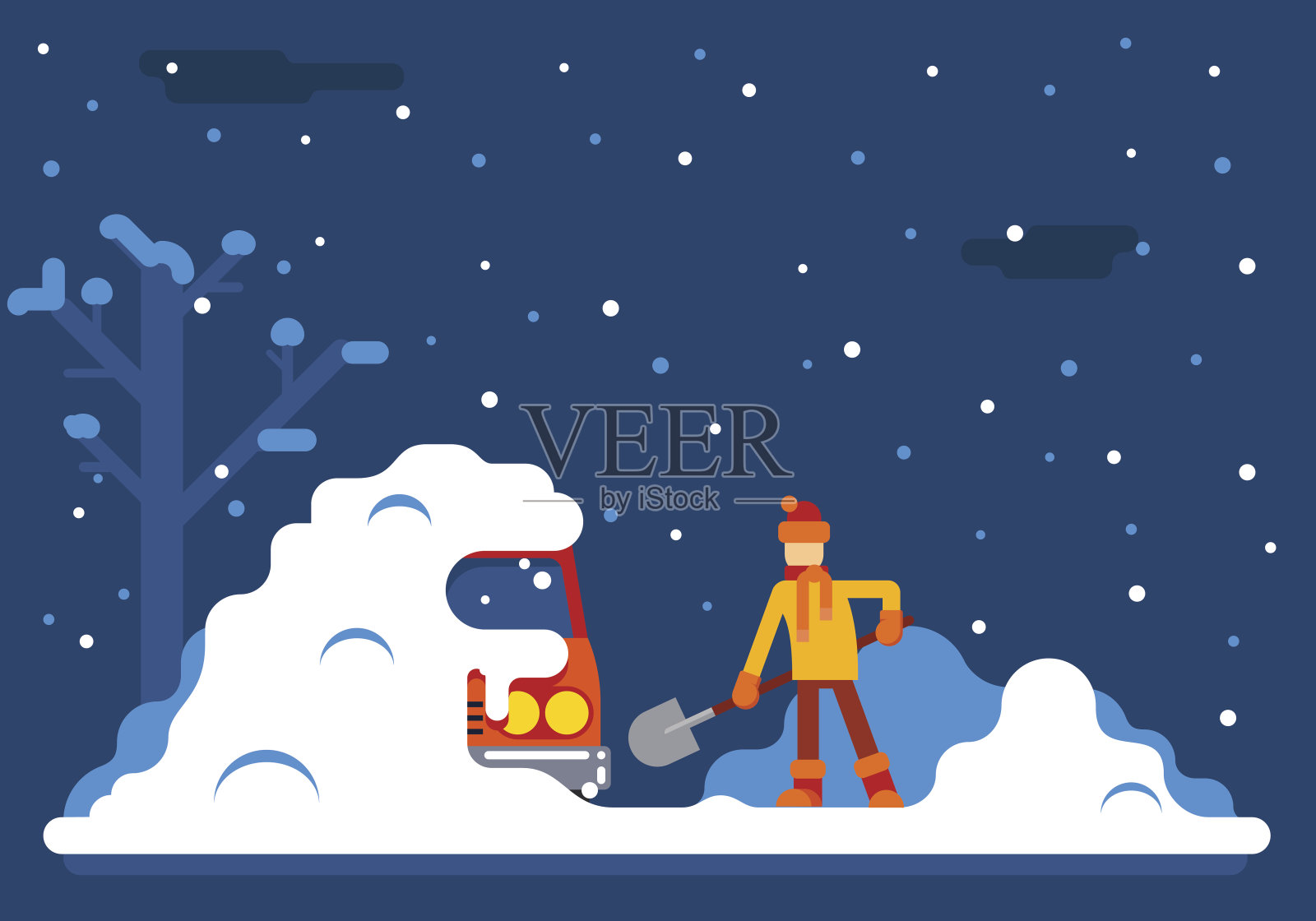 冬天的人挖车雪背景平面设计插画图片素材