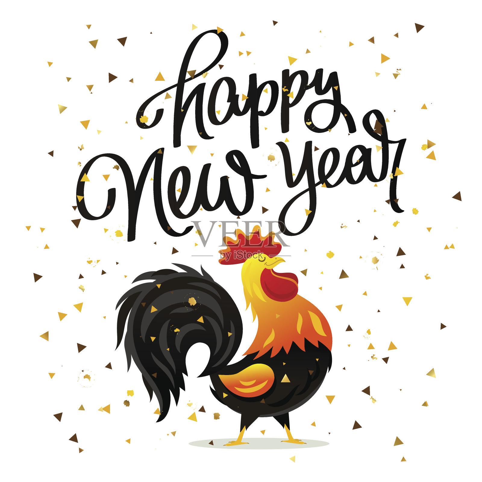 画公鸡和“新年快乐”设计模板素材