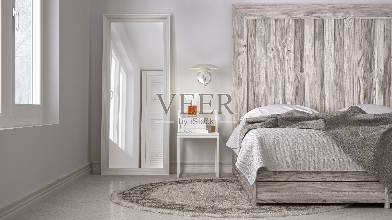 DIY卧室，木质床头板床，斯堪的纳维亚白色生态c照片摄影图片