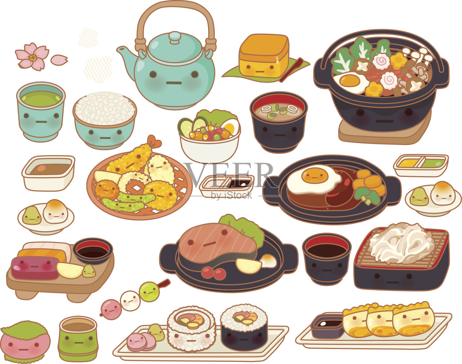收集可爱的婴儿日本食物涂鸦图标，可爱的甜普尔插画图片素材