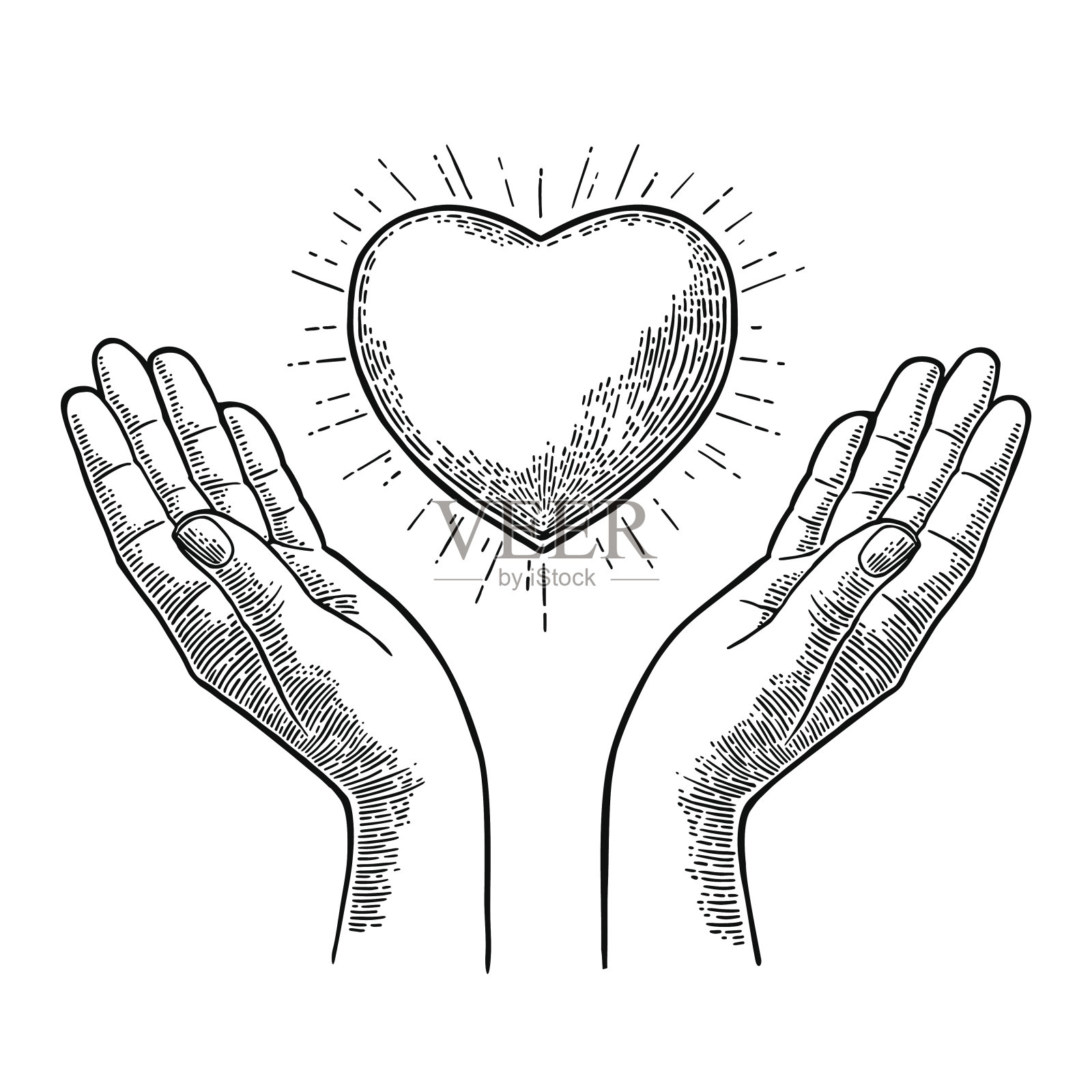 心与射线在开放的女性人类手掌。向量engrav插画图片素材