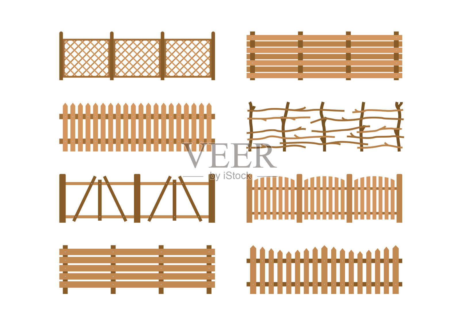 设置不同的木制花园围栏。农村围篱木板施工插画图片素材