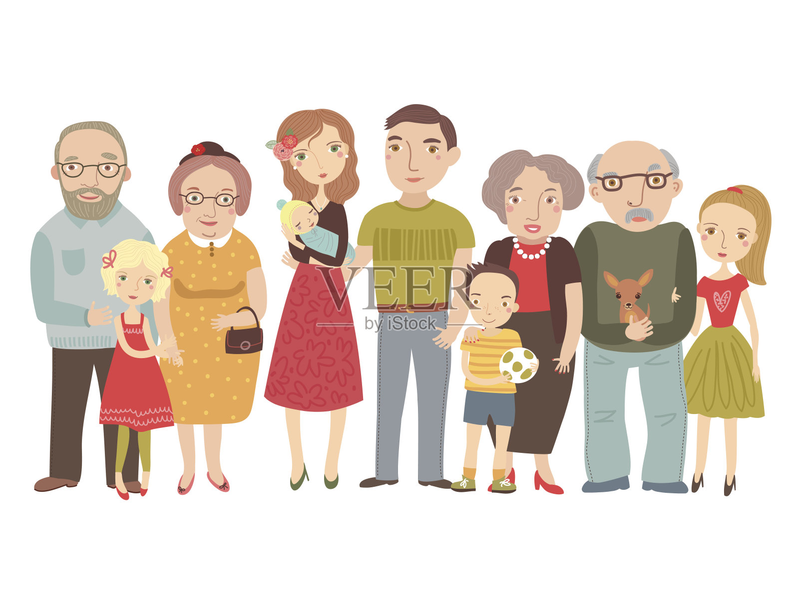 大家庭，妈妈，爸爸，孩子，爷爷奶奶插画图片素材