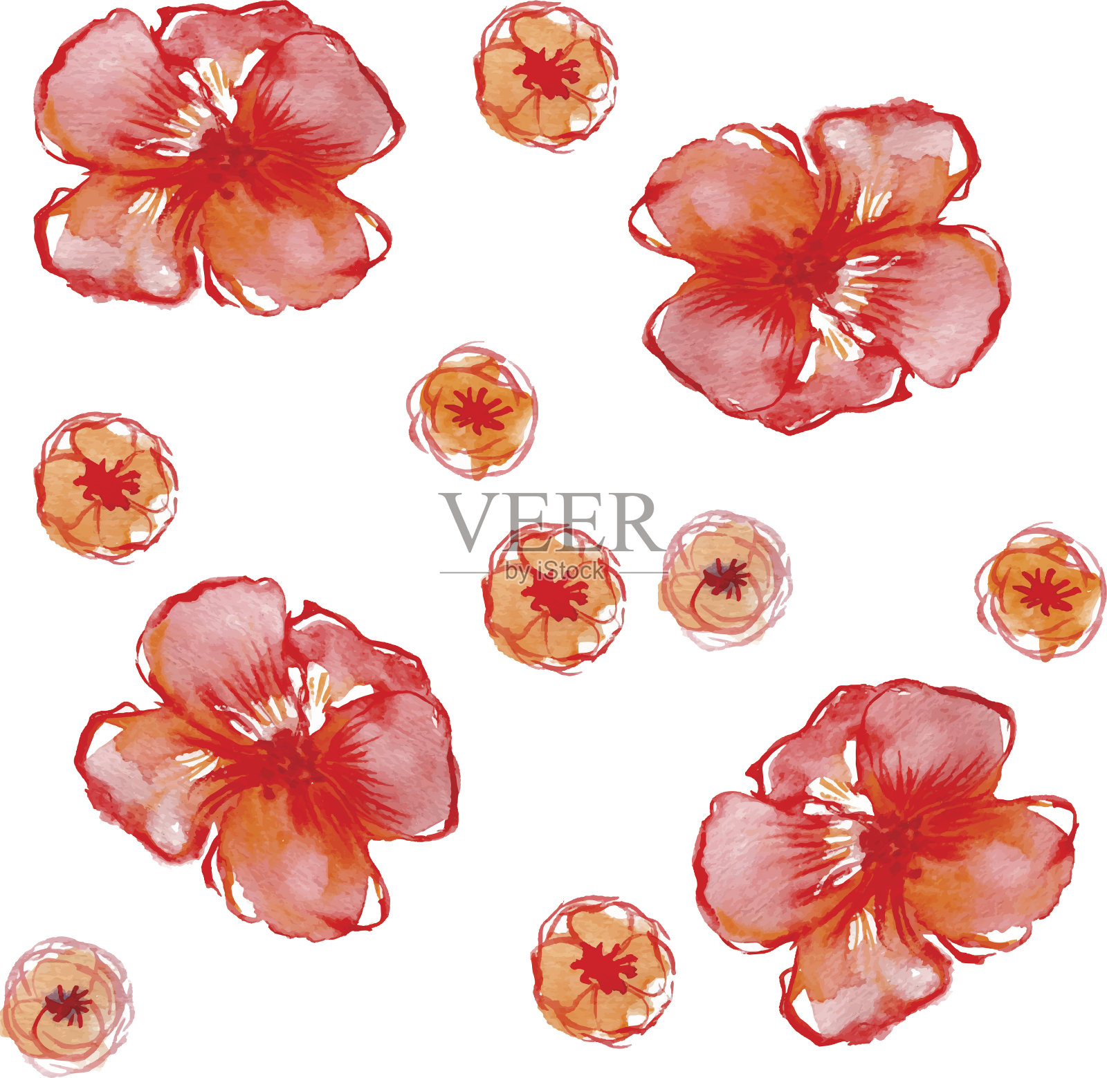 无缝水彩背景与红色花朵插画图片素材