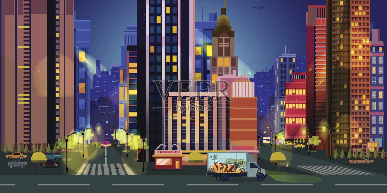 游戏的城市插图，夜晚背景插画图片素材