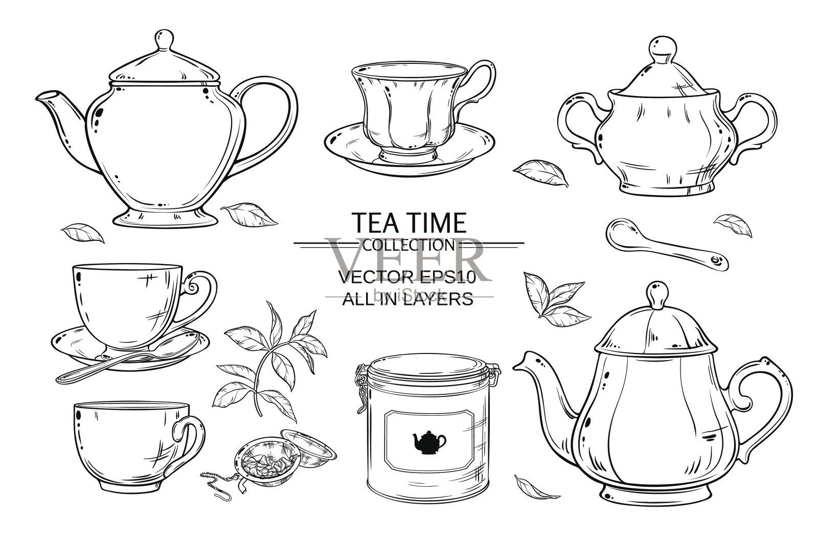 茶具放在白色的背景上插画图片素材