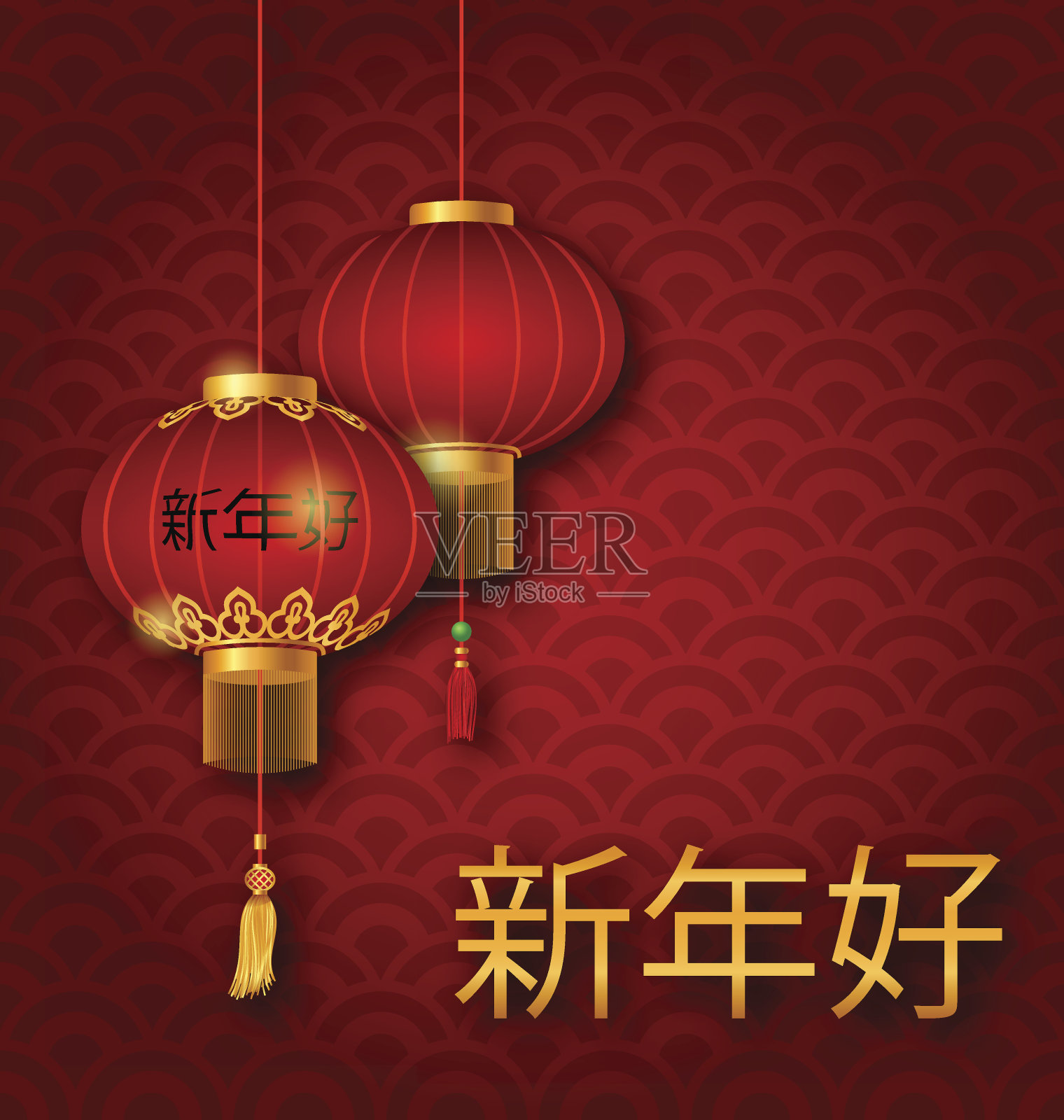 2017年中国新年经典明信片红灯笼插画图片素材