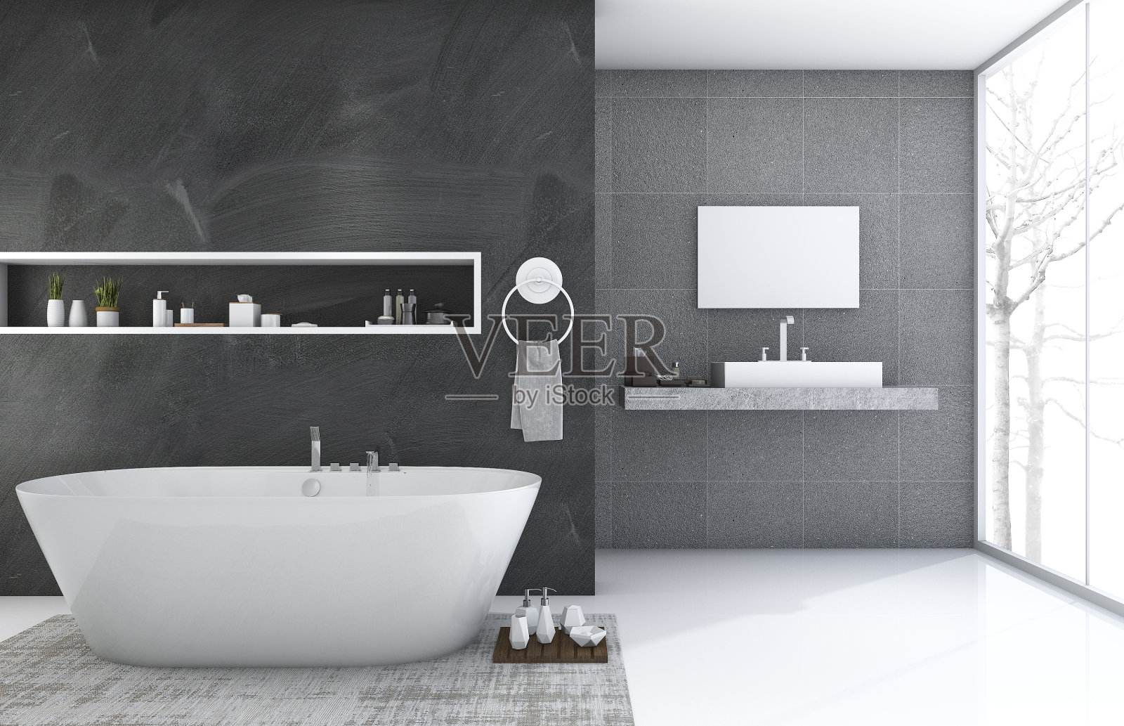 3d渲染现代风格的浴室与美丽的冬季景色照片摄影图片